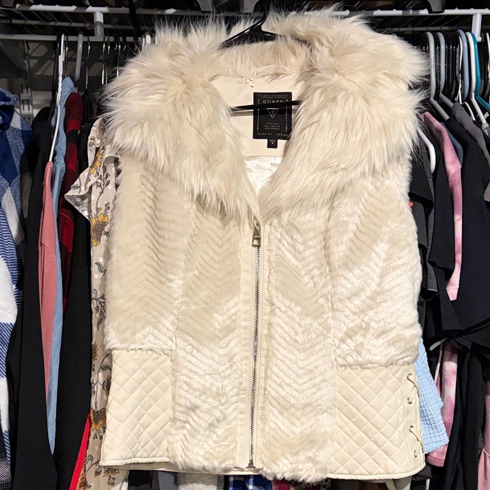 Faux Fur Hooded Vest - Cream